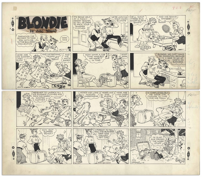 Chic Young Hand-Drawn ''Blondie'' Sunday Comic Strip From 1955 -- Dagwood Drives Blondie to Her Limit
